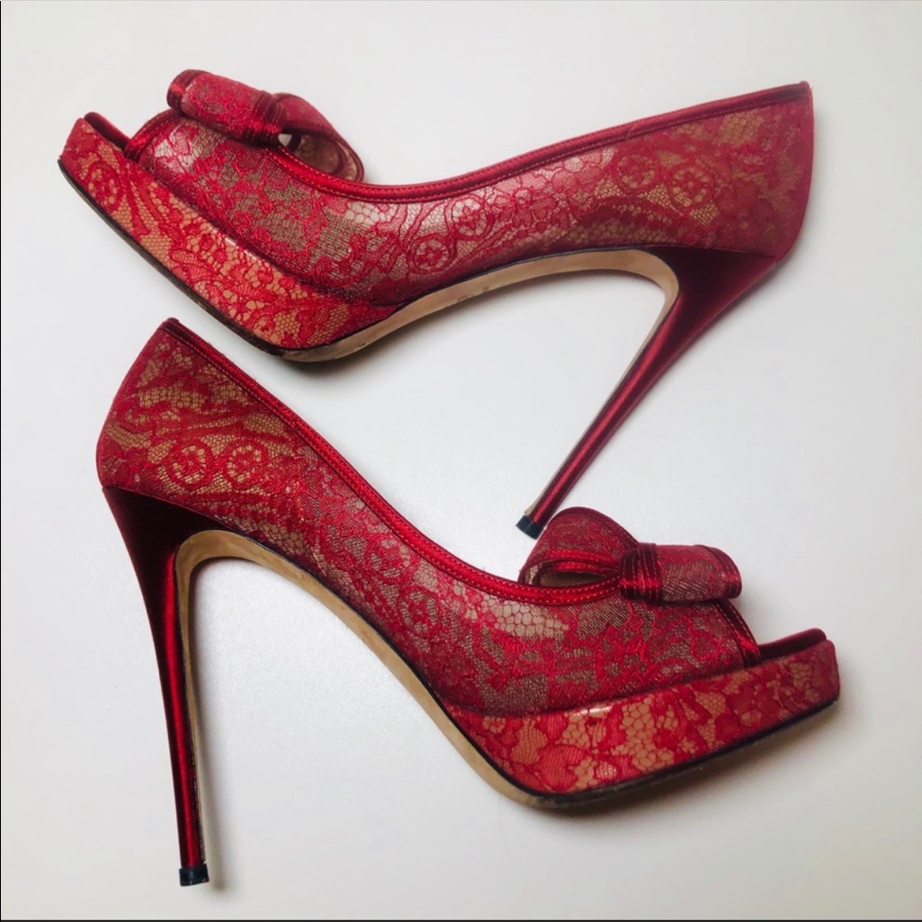 Valentino Red Couture Satin Lace Open Toe Bow Platform